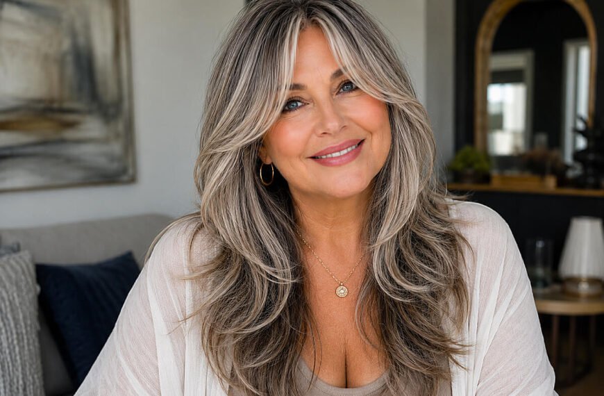 How to Style Long Layers With Curtain Bangs for a Round Face After 50